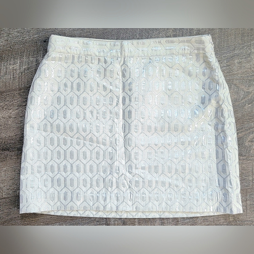 Banana Republic Jacquard Mini Pencil Skirt Women's 12p Cream & Silver Geometric